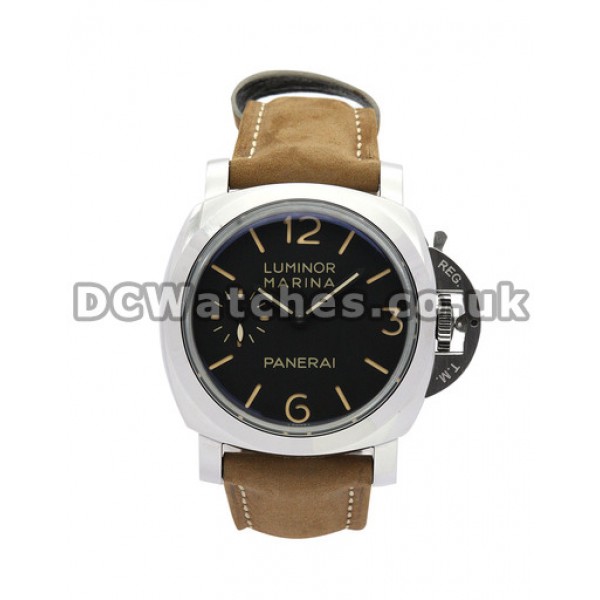 Cheap Panerai Luminor Marina Replica Watches With Black Dial And Brown Leather Strap