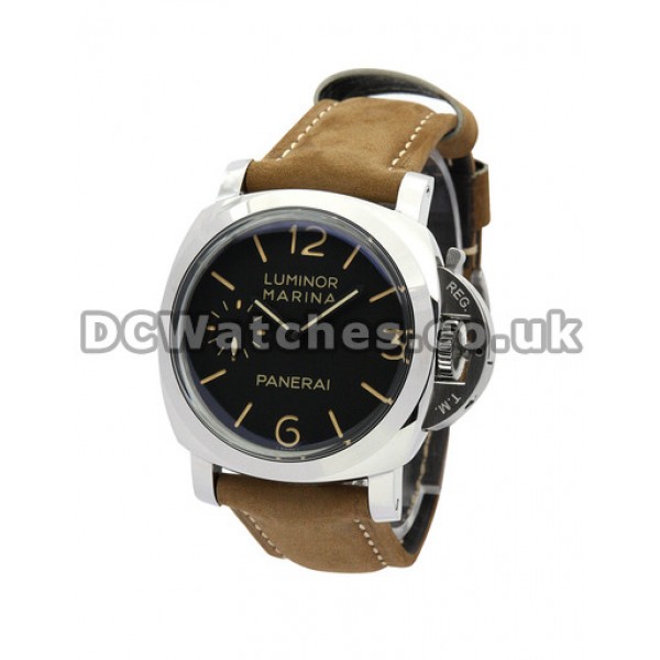Cheap Panerai Luminor Marina Replica Watches With Black Dial And Brown Leather Strap