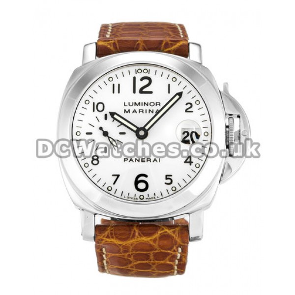 White Panerai Luminor Marina Replica Watches With Brown Leather Strap For Men