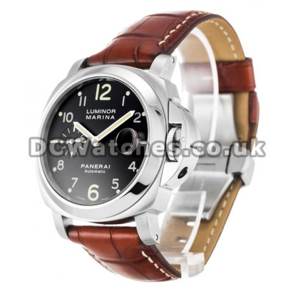 New Discount Black Dial Panerai Luminor Marina Replica Watches With Brown Leather Strap