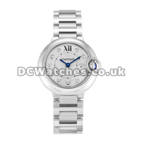 Cartier Ballon Bleu 28MM Steel Case Silver Diamond Dial Copy Watches On Sale