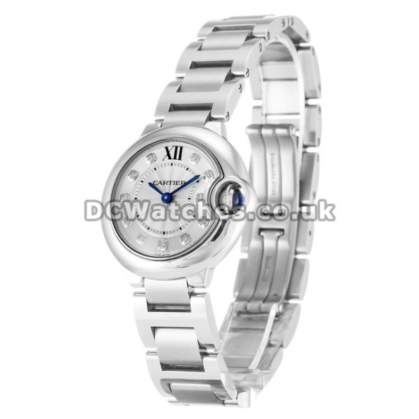 Cartier Ballon Bleu 28MM Steel Case Silver Diamond Dial Copy Watches On Sale