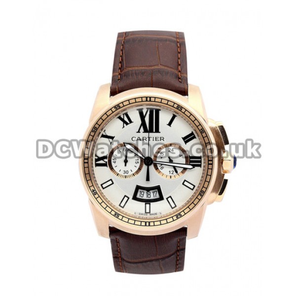 Copy Calibre de Cartier 42MM Rose Gold Case Brown Alligator Strap Watches