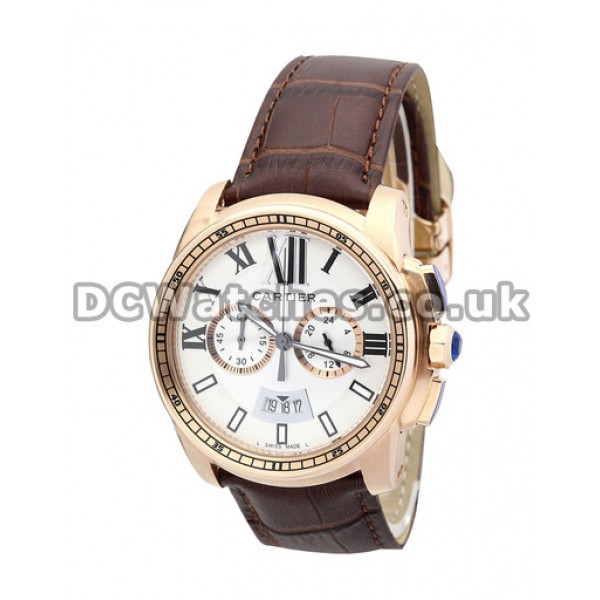 Copy Calibre de Cartier 42MM Rose Gold Case Brown Alligator Strap Watches