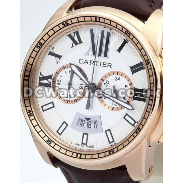 Copy Calibre de Cartier 42MM Rose Gold Case Brown Alligator Strap Watches