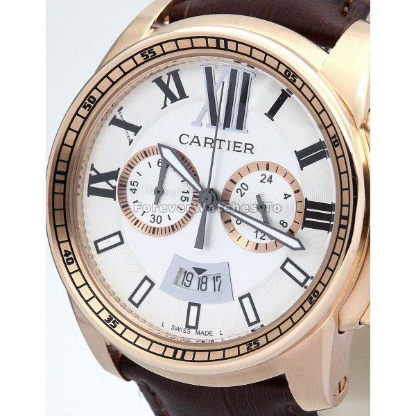 Copy Calibre de Cartier 42MM Rose Gold Case Brown Alligator Strap Watches