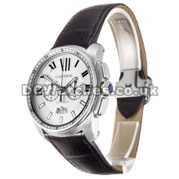 Fake Calibre de Cartier Silver Roman Numeral Dial 42MM Steel Case Watches