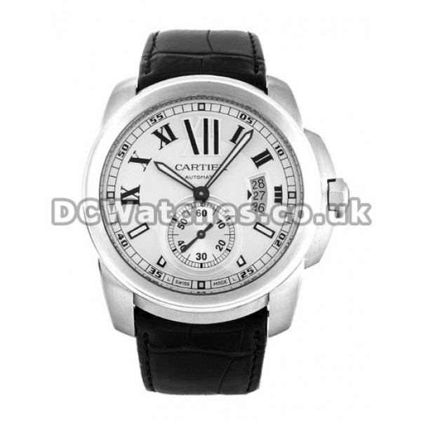 Replica Calibre de Cartier Black Alligator Strap White Roman Numeral Dial Watches