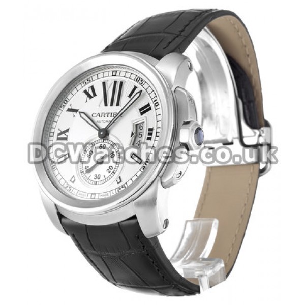 Replica Calibre de Cartier Black Alligator Strap White Roman Numeral Dial Watches