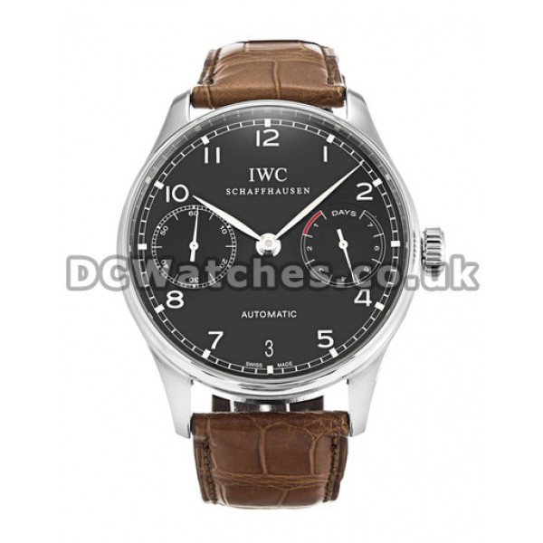 Popular Black Dial IWC Portuguese Automatic Replica Watches With Brown Strap For Men