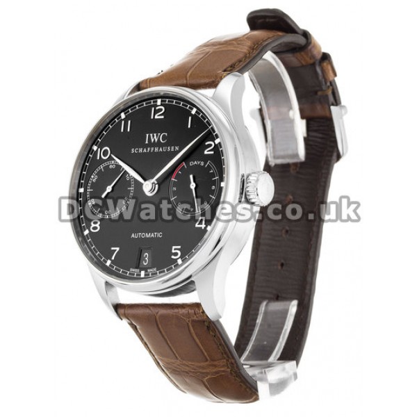 Popular Black Dial IWC Portuguese Automatic Replica Watches With Brown Strap For Men