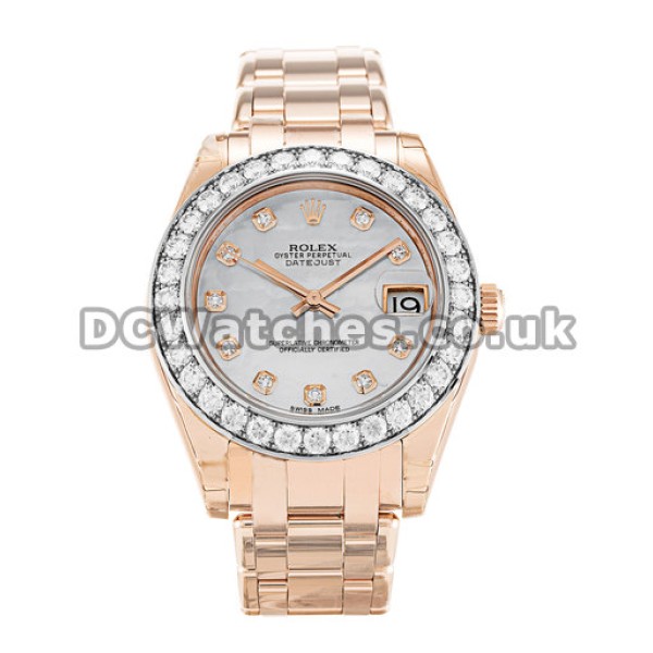 34 MM Pearlmaster Rose Gold Mother of Pearl  White Diamond Dial Replica Watches