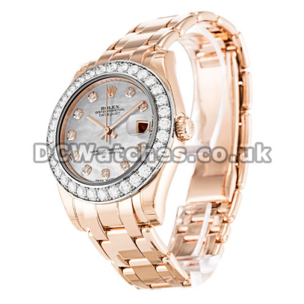 34 MM Pearlmaster Rose Gold Mother of Pearl  White Diamond Dial Replica Watches