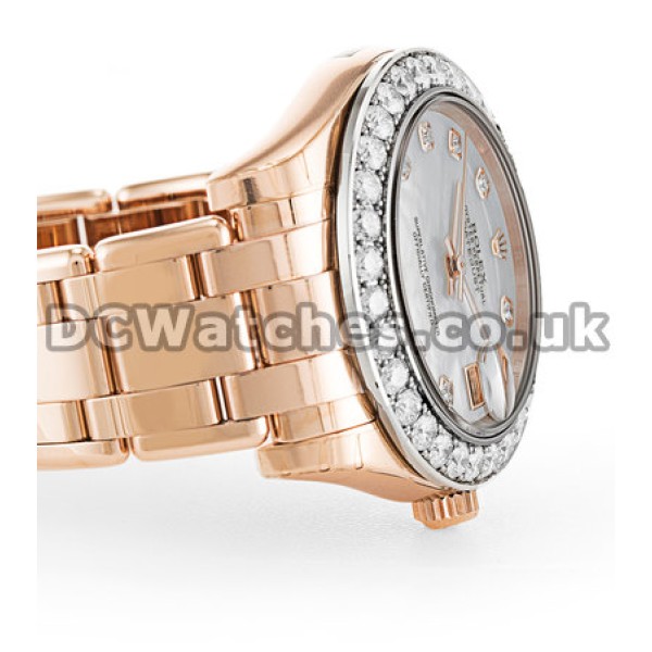 34 MM Pearlmaster Rose Gold Mother of Pearl  White Diamond Dial Replica Watches