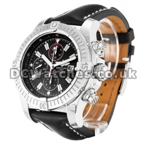 Fake Breitling Super Avenger 48.4MM Steel Case Black Leather Strap Watches
