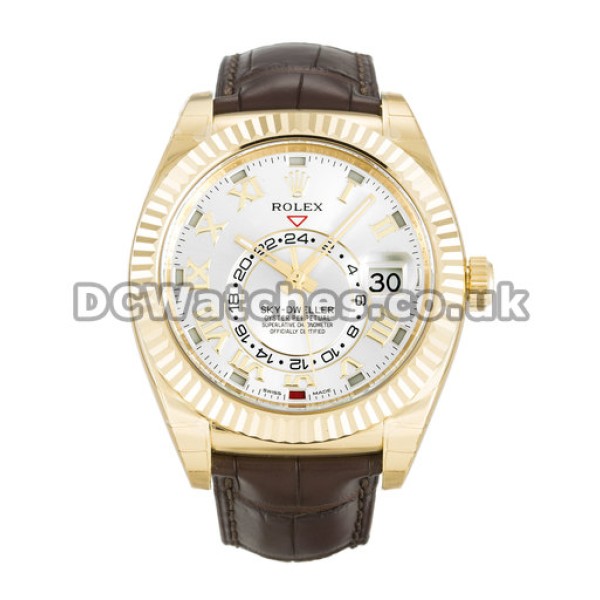 Pretty Yellow Gold Rolex Sky-Dweller Replica Watches Brown Leather Strap For Men