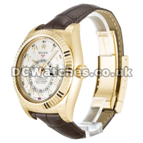 Pretty Yellow Gold Rolex Sky-Dweller Replica Watches Brown Leather Strap For Men