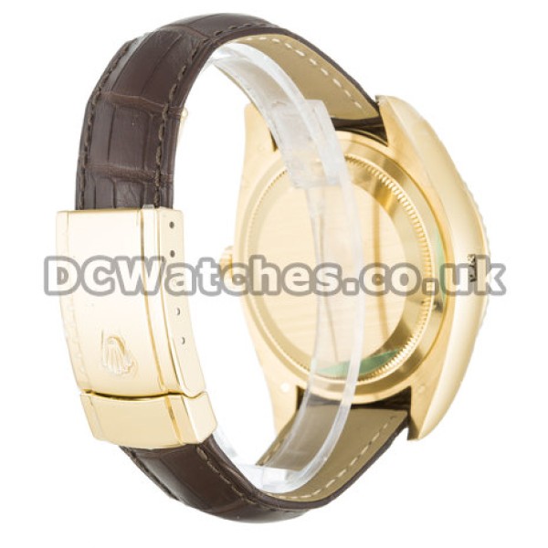 Pretty Yellow Gold Rolex Sky-Dweller Replica Watches Brown Leather Strap For Men