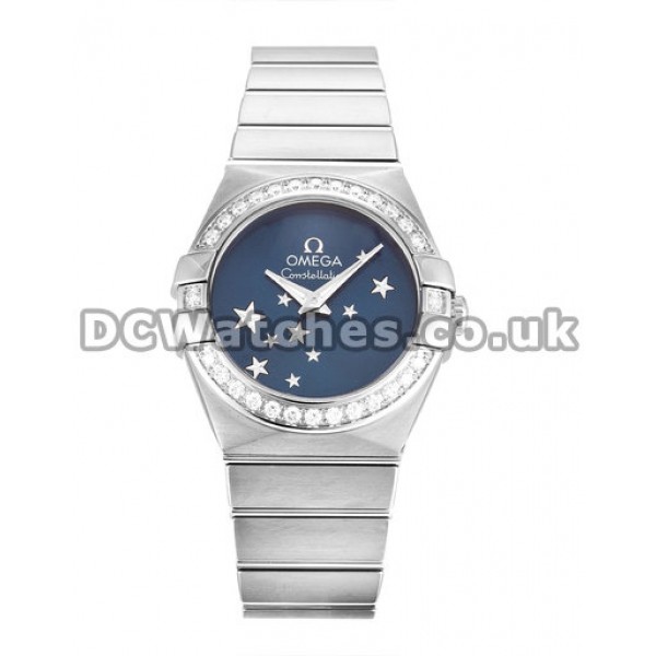Copy Omega Constellation Ladies 24MM Steel Case Diamonds Bezel Blue Dial Watches