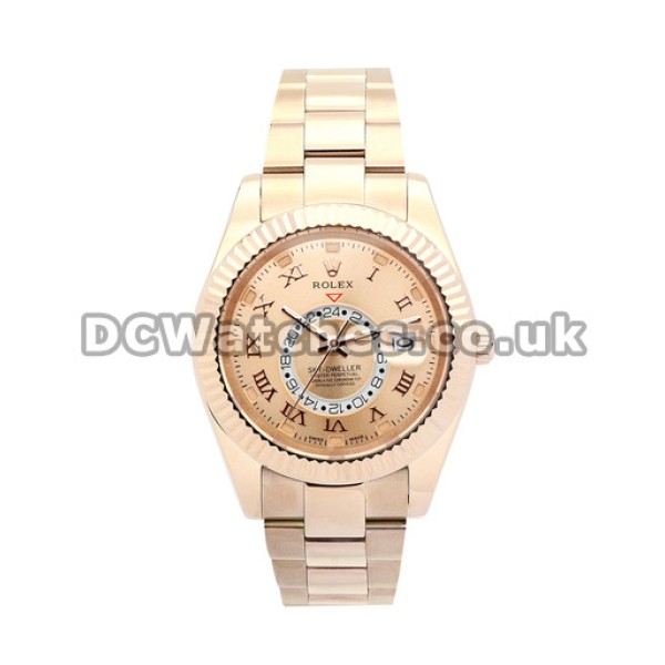 New Champagne Dial Rolex Sky-Dweller Fake Watches Rose Gold Case For Men
