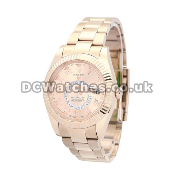 New Champagne Dial Rolex Sky-Dweller Fake Watches Rose Gold Case For Men