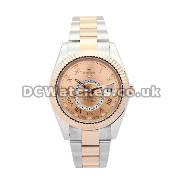 Nice Rose Gold Rolex Sky-Dweller Champagne Dial Copy Watches For Men