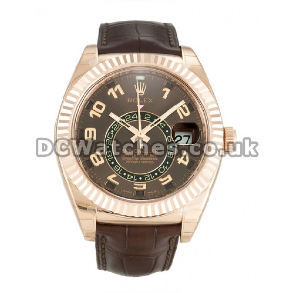 Top Rose Gold Rolex Sky-Dweller Replica Watches With Brown Leather Strap For Men