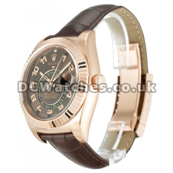 Top Rose Gold Rolex Sky-Dweller Replica Watches With Brown Leather Strap For Men
