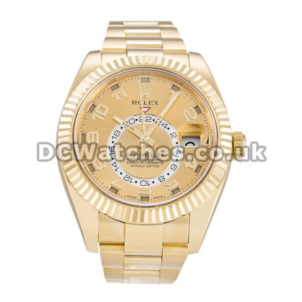 Luxury Yellow Gold Rolex Sky-Dweller Replica Watches Champagne Dial For Men