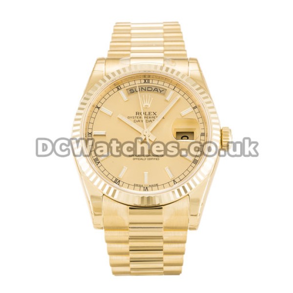 Cheap Best Rolex Day-Date Yellow Gold Mens Replica Watches with Champagne Baton Dial