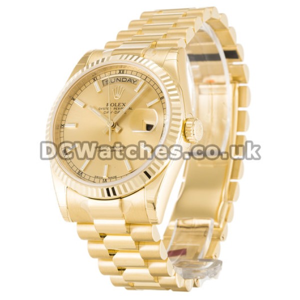 Cheap Best Rolex Day-Date Yellow Gold Mens Replica Watches with Champagne Baton Dial