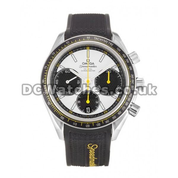 Popular UK Omega Speedmaster Racing White Dial Fake Watches Black Rubber Strap