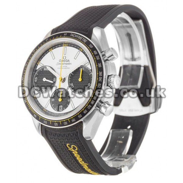 Popular UK Omega Speedmaster Racing White Dial Fake Watches Black Rubber Strap