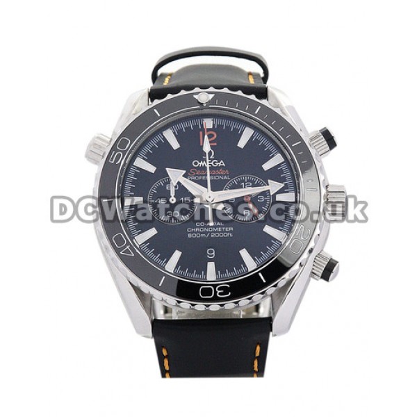 UK Cheap Steel Omega Speedmaster Date Blue Dial Copy Watches Black Leather Strap