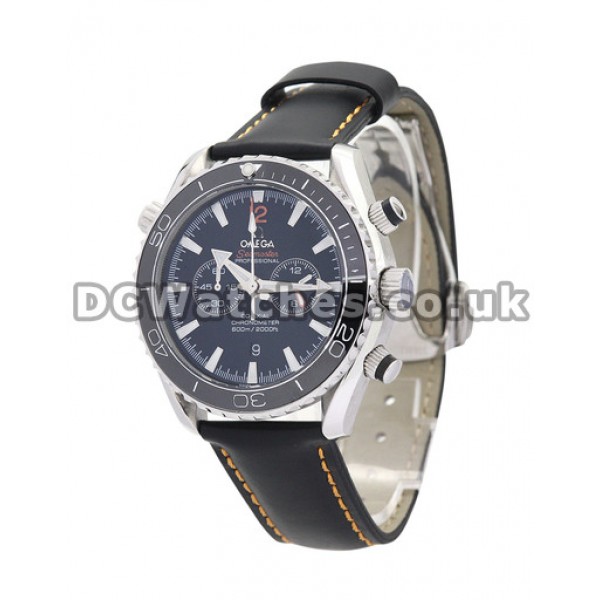 UK Cheap Steel Omega Speedmaster Date Blue Dial Copy Watches Black Leather Strap