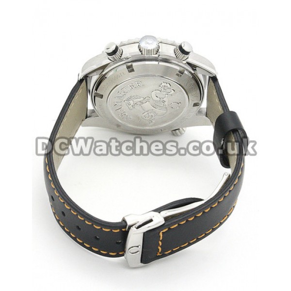 UK Cheap Steel Omega Speedmaster Date Blue Dial Copy Watches Black Leather Strap