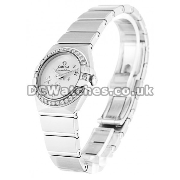 Cheap Omega Constellation 24MM Steel Case Diamonds Bezel Steel Bracelet Replica Watches