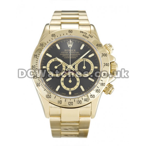 18k Gold Rolex Daytona Mens 40 MM Black Baton Dial Replica Watches