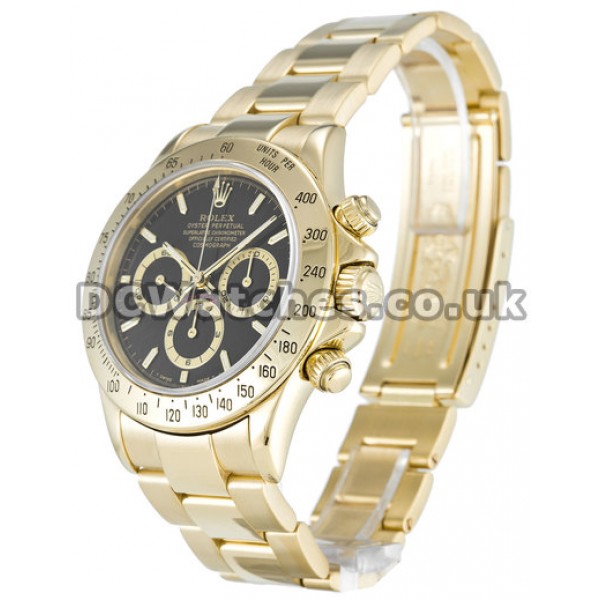 18k Gold Rolex Daytona Mens 40 MM Black Baton Dial Replica Watches