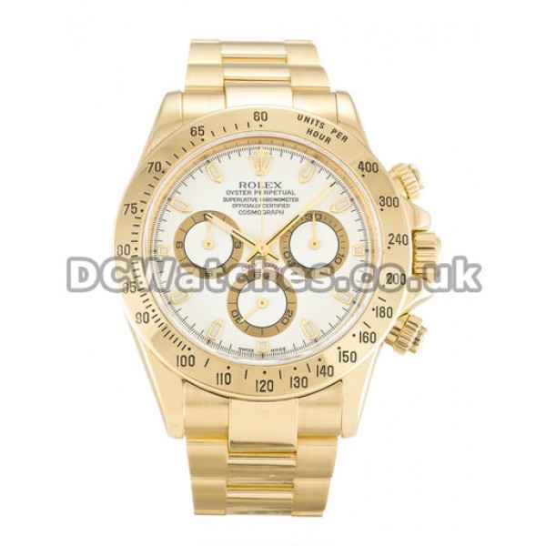 40 MM Yellow Gold Rolex Daytona White Baton Dial Replica Watches
