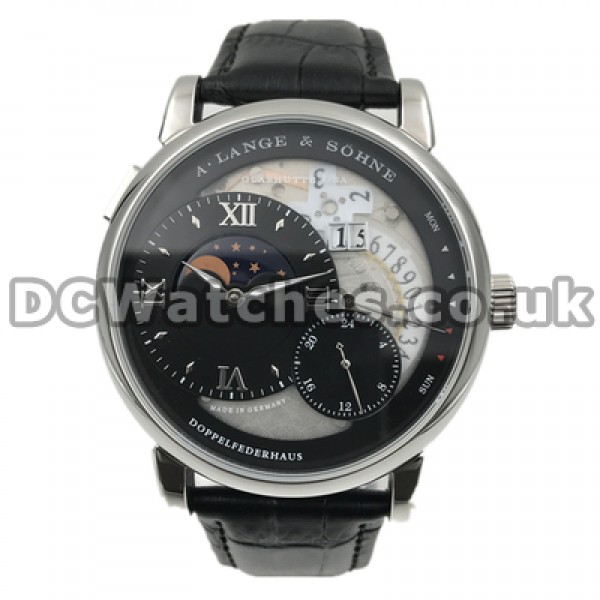 Novel Male Black Dials Replica A.Lange & Sohne Lange 1 Moon Phase Watches Sales With Steel Cases