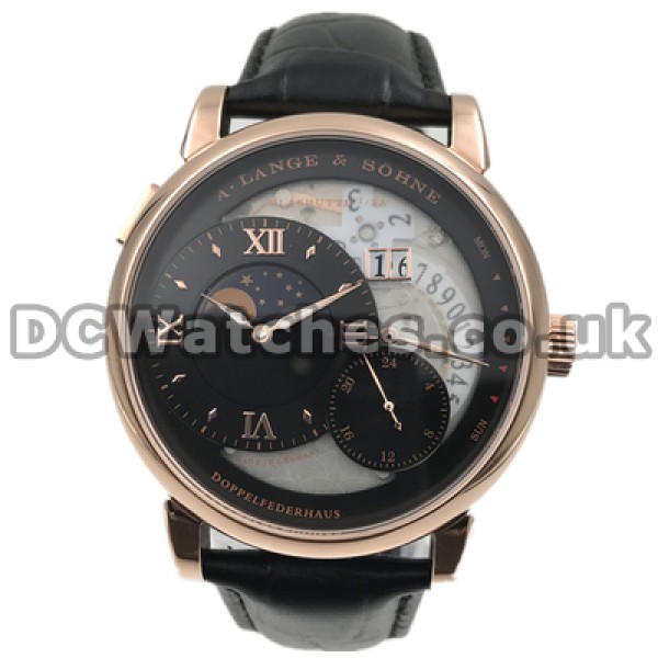 Male Black Dials Replica A.Lange & Sohne Lange 1 Moon Phase Watches With Rose Gold Steel Cases