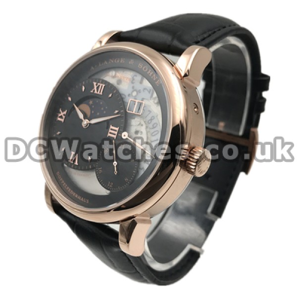 Male Black Dials Replica A.Lange & Sohne Lange 1 Moon Phase Watches With Rose Gold Steel Cases