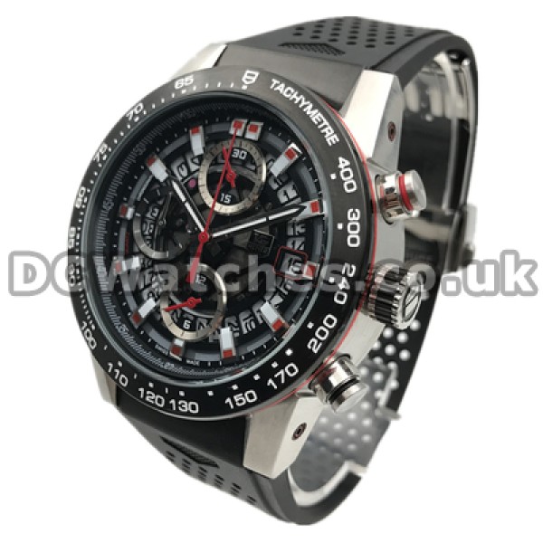 Male Black Dials Swiss Tag Heuer Carrera Replica Watches Online With Black Rubber Straps