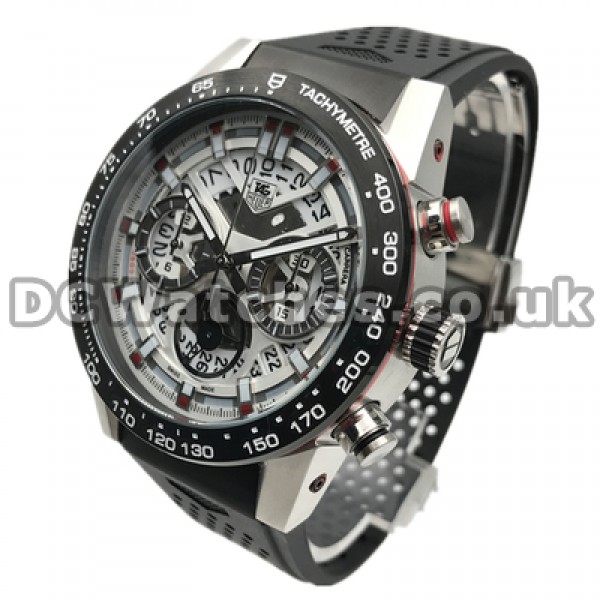 Functional 46MM White Dials Male Tag Heuer Carrera Fake Watches Sales With Black Rubber Straps
