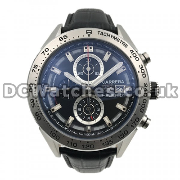 Male 46MM Black Dials Swiss Tag Heuer Carrera Replica Watches With Black Crocodile Straps