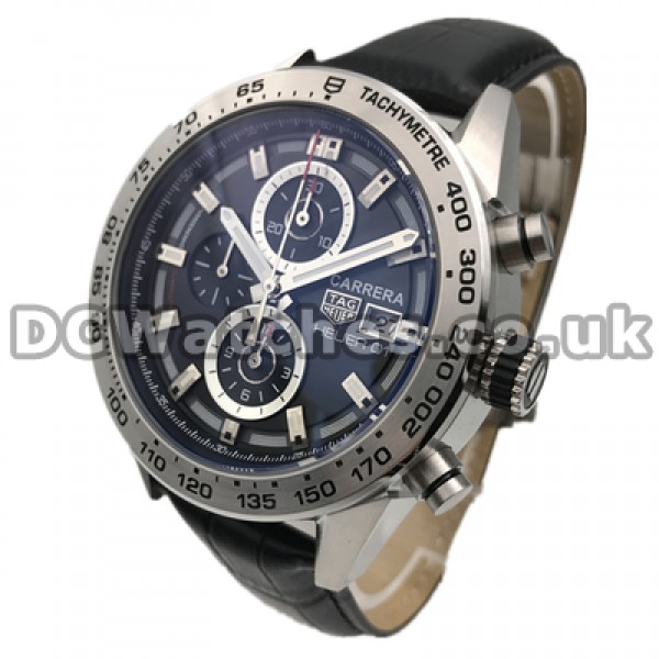 Male 46MM Black Dials Swiss Tag Heuer Carrera Replica Watches With Black Crocodile Straps