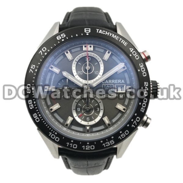 Steady 46MM Grey Dials Male Replica Tag Heuer Carrera Watches Online With Black Bezels
