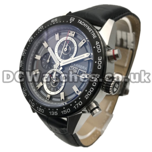 Steady 46MM Grey Dials Male Replica Tag Heuer Carrera Watches Online With Black Bezels