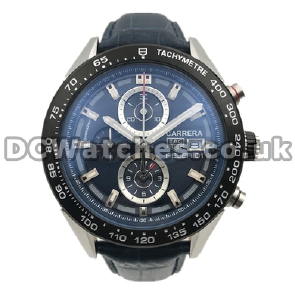 Trendy Blue Dials Tag Heuer Carrera Replica Watches For Men Sale With Blue Crocodile Straps